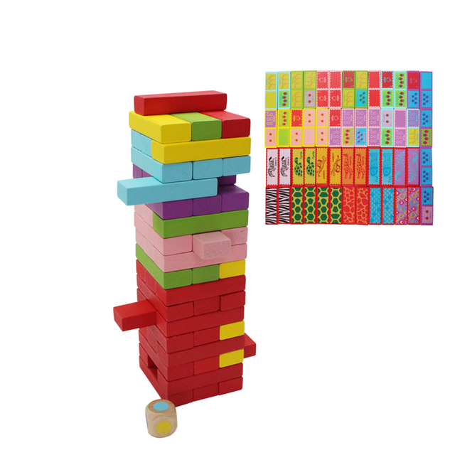 52PCs Tumbling Tower and Domino Game in One Animal and Fruit Blocks Stack and Tumble Stacking Balancing Game Travel Set A Die