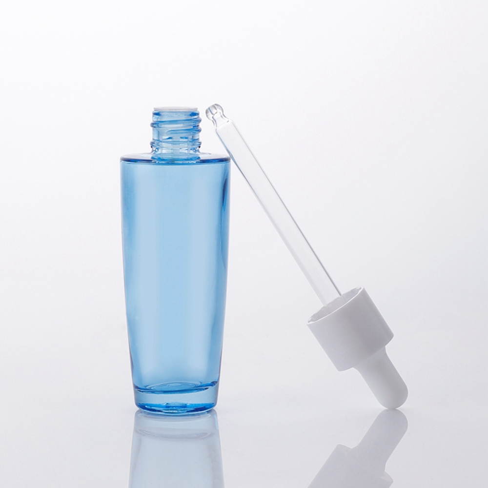 Botellas de aceite esencial de hombro plano de 40 ml, frasco cuentagotas de vidrio cosmético azul líquido para aceite esencial