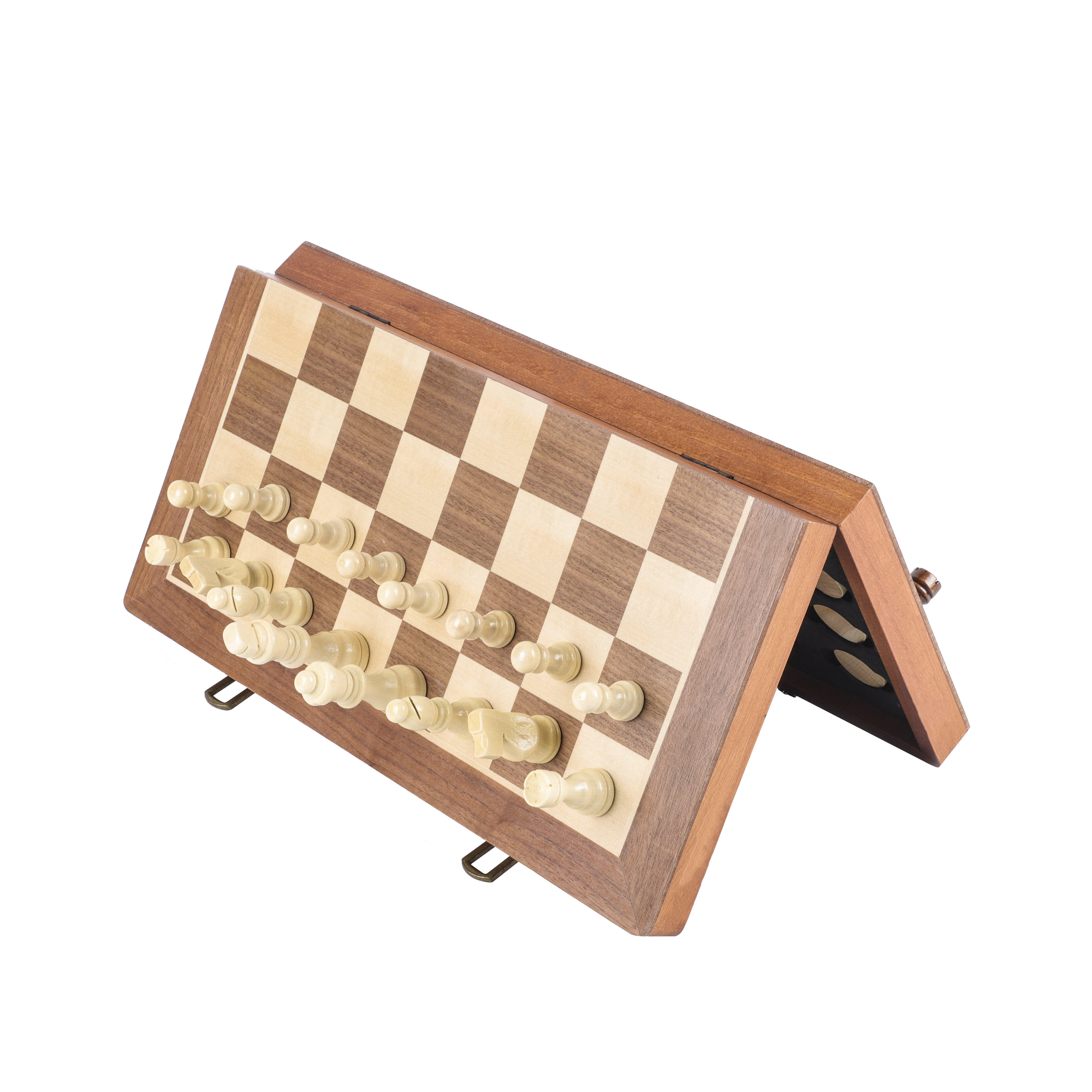 25-Year Manufacturer's Unisex Wooden Chess Checkers SET 15" Magnetic Folding Board 3" King Height Pine Wood Pieces Vintage.