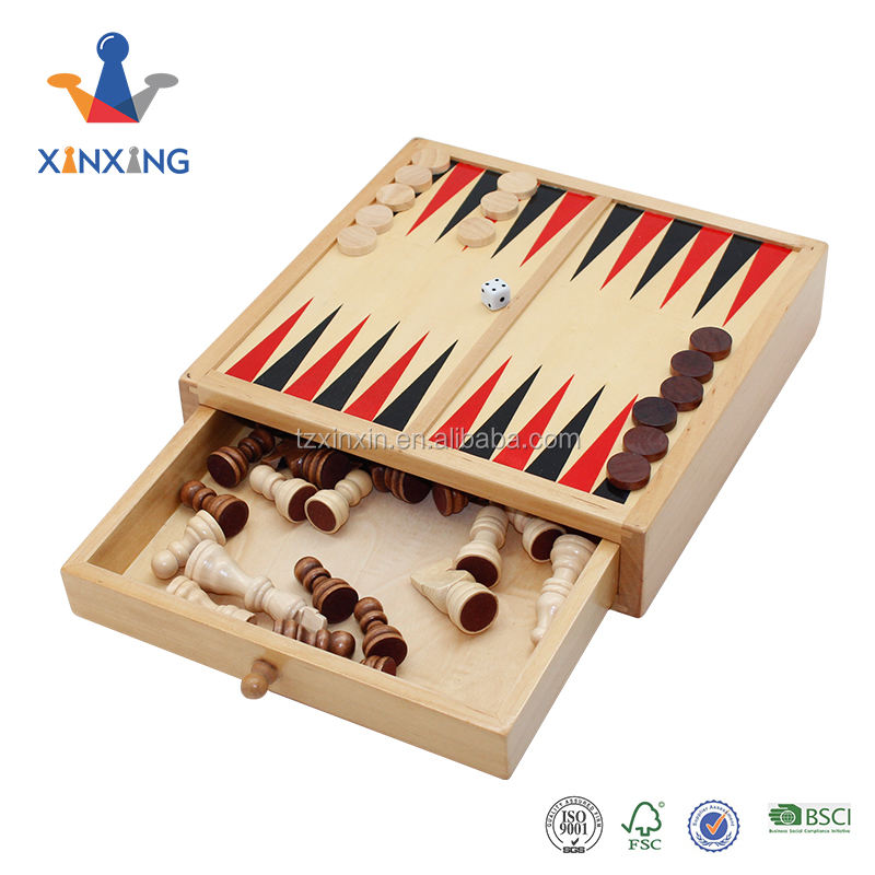  Theme Chess Draughts Backgammon Set Handmade Wooden Chess Box with Chess Pieces and Checkers