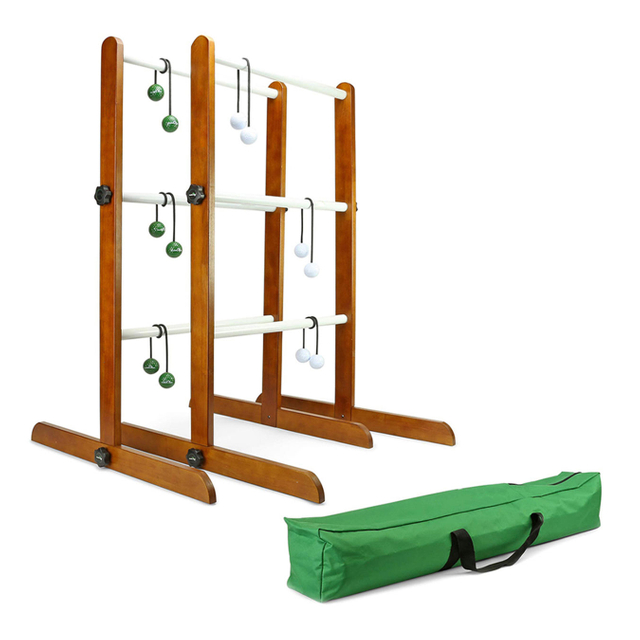  No Tool Assembly Ladder Toss Indoor Outdoor Game Set with 2 Wooden Ladders 6 Soft Rubber Bolo Balls and Travel Carrying Case