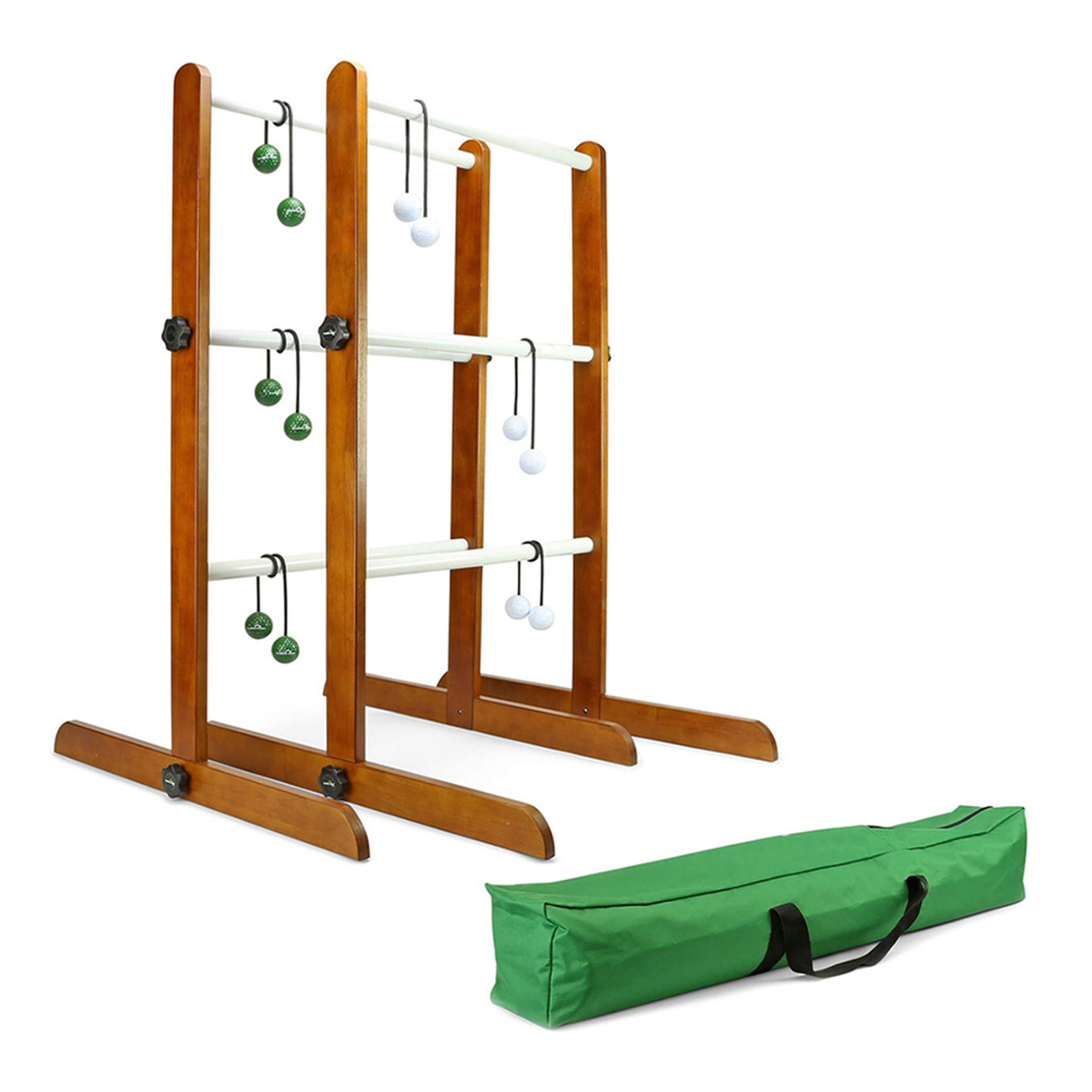  No Tool Assembly Ladder Toss Indoor Outdoor Game Set with 2 Wooden Ladders 6 Soft Rubber Bolo Balls and Travel Carrying Case