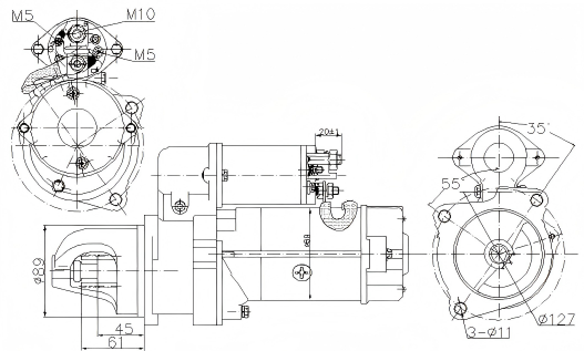 Teknisk tegning af Elecdurauto Heavy-Duty Starter Motor Producent