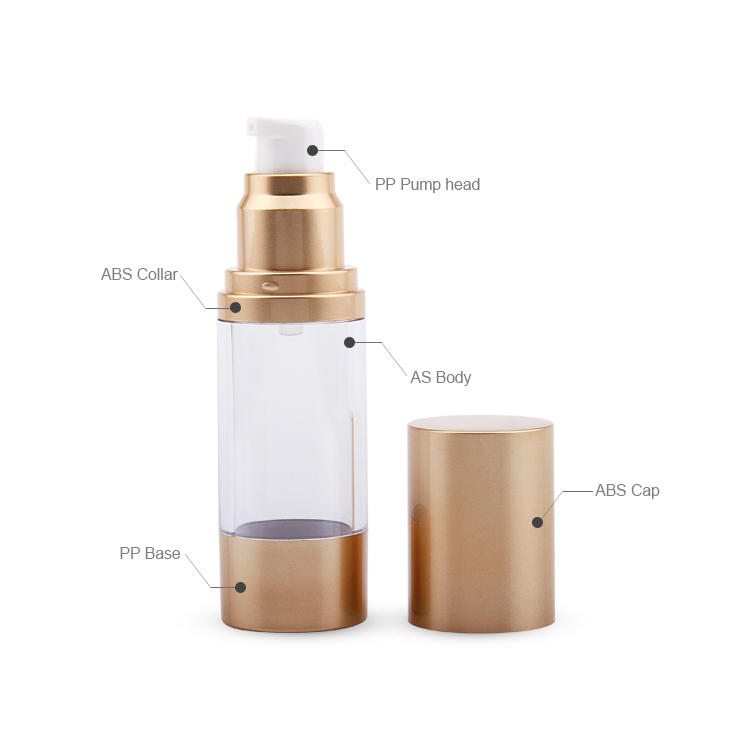 Envasado de cuidado personal Envasado de cosméticos AS PP PE 15/30/50ML Botella de bomba sin aire transparente Cosméticos Oro