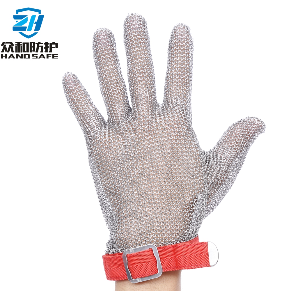 stainless steel five finger glove with textile strap