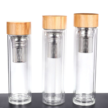 Custom Double Wall Bamboo Lid Borosilicate Glass water Cup with Tea Infuser