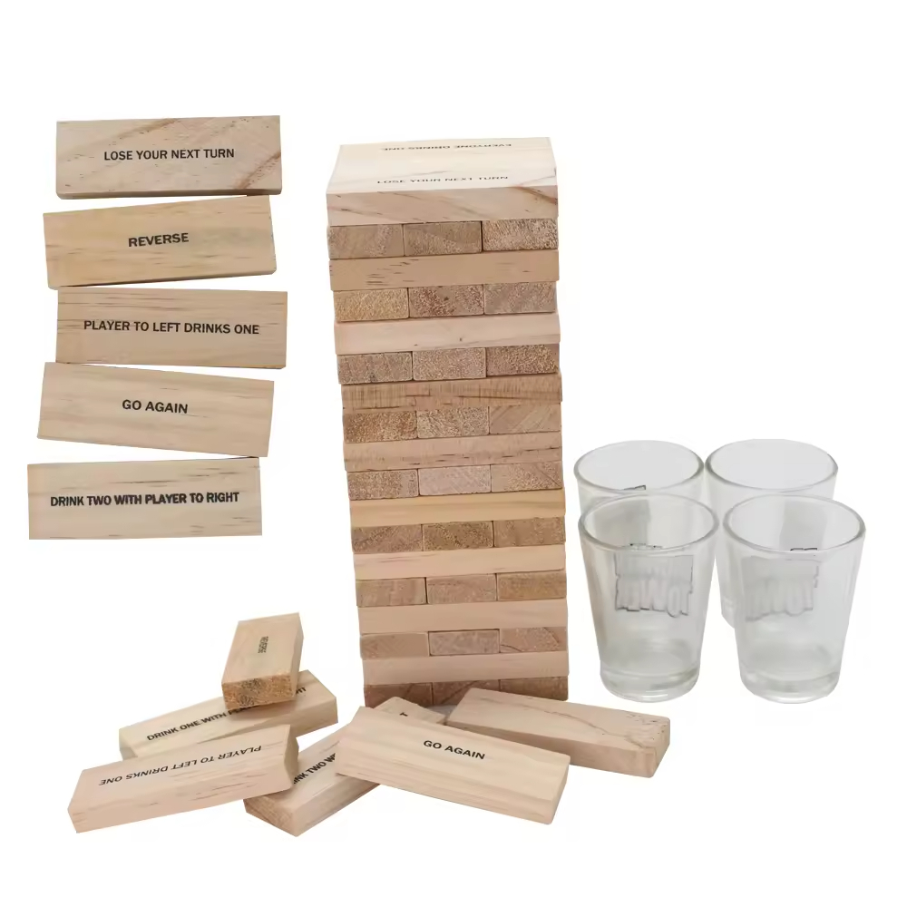 Tumbling Tower Blocks Stacking Party Game 60 Blocks with Fun Tasks and Entertaining Commands with 4 Glass Cups Customization。