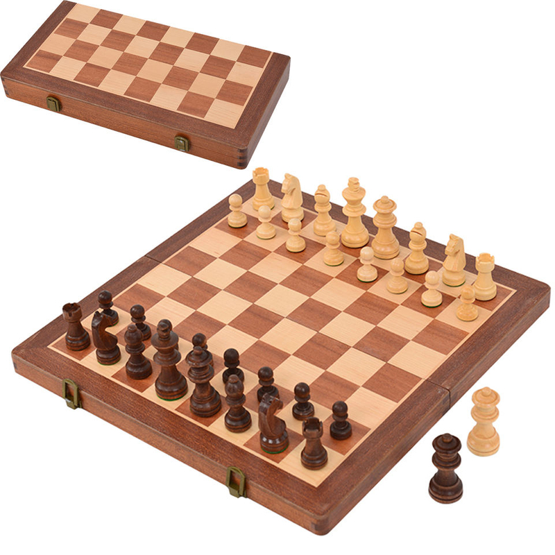 25 years Manufacturer 15" Wooden chess & Checkers SET Folding Board 3" King Height Chess Pieces Beech wood Vintage