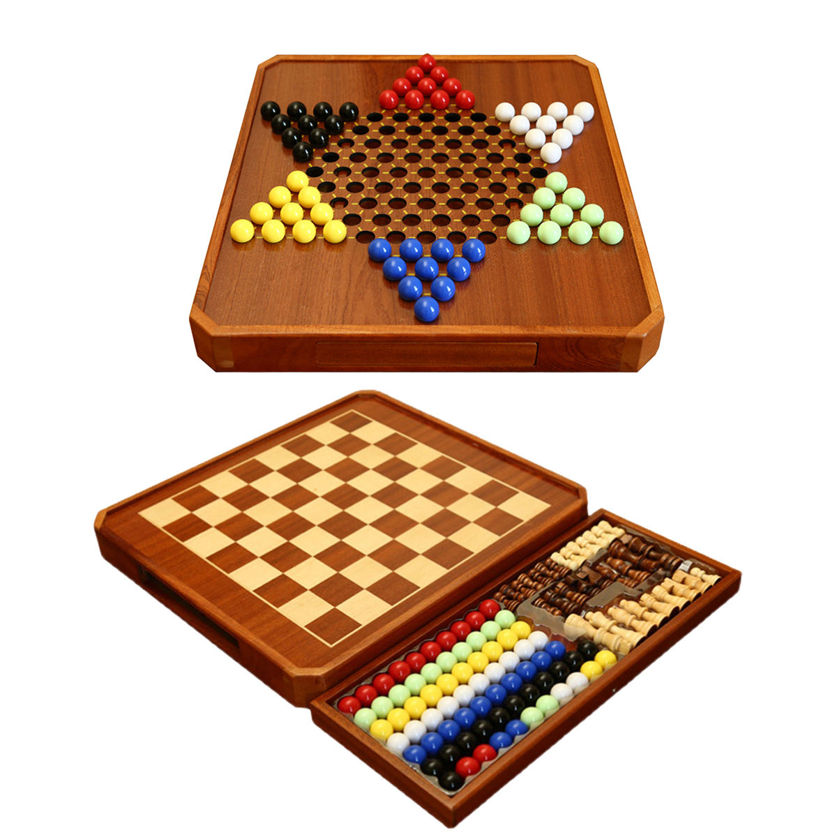 15" Wooden Chess Chinese Checkers Game Set Magnetic Chess Set 2 in 1 Board Games with Storage Drawer.