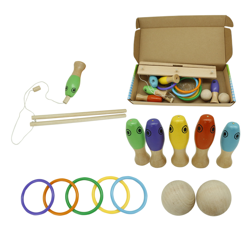 3 in 1 Ring Toss Game Wooden Fishing Game Bowling Toys Set Wood Game Set