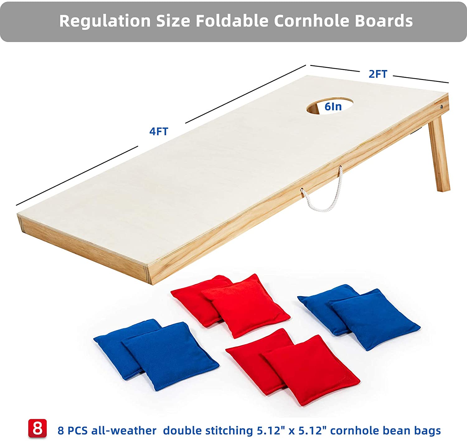 Tournament Edition Regulation Cornhole Game Set - 4’ X 2’ Wood Boards with 8 Dual Sided (Slide And Stop) Bean Bags, Natural