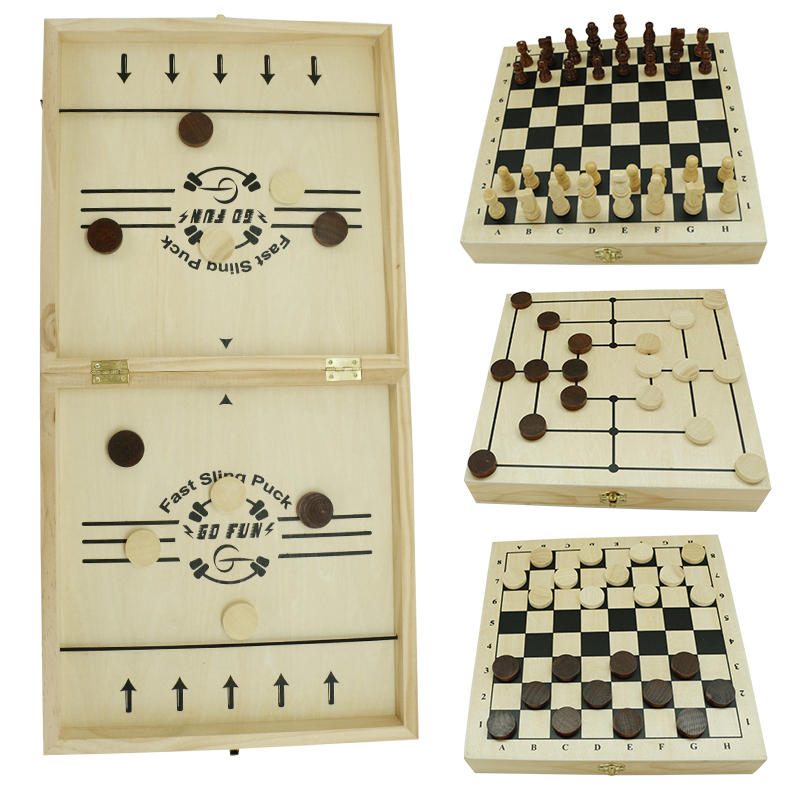 Amazon Hot Sells 4 in 1 Multi Function Game Set Wooden Folding Board Game Custom Fast Sling Puck Game Chess Checkers Nine Men's Morris for Kids Education Toys