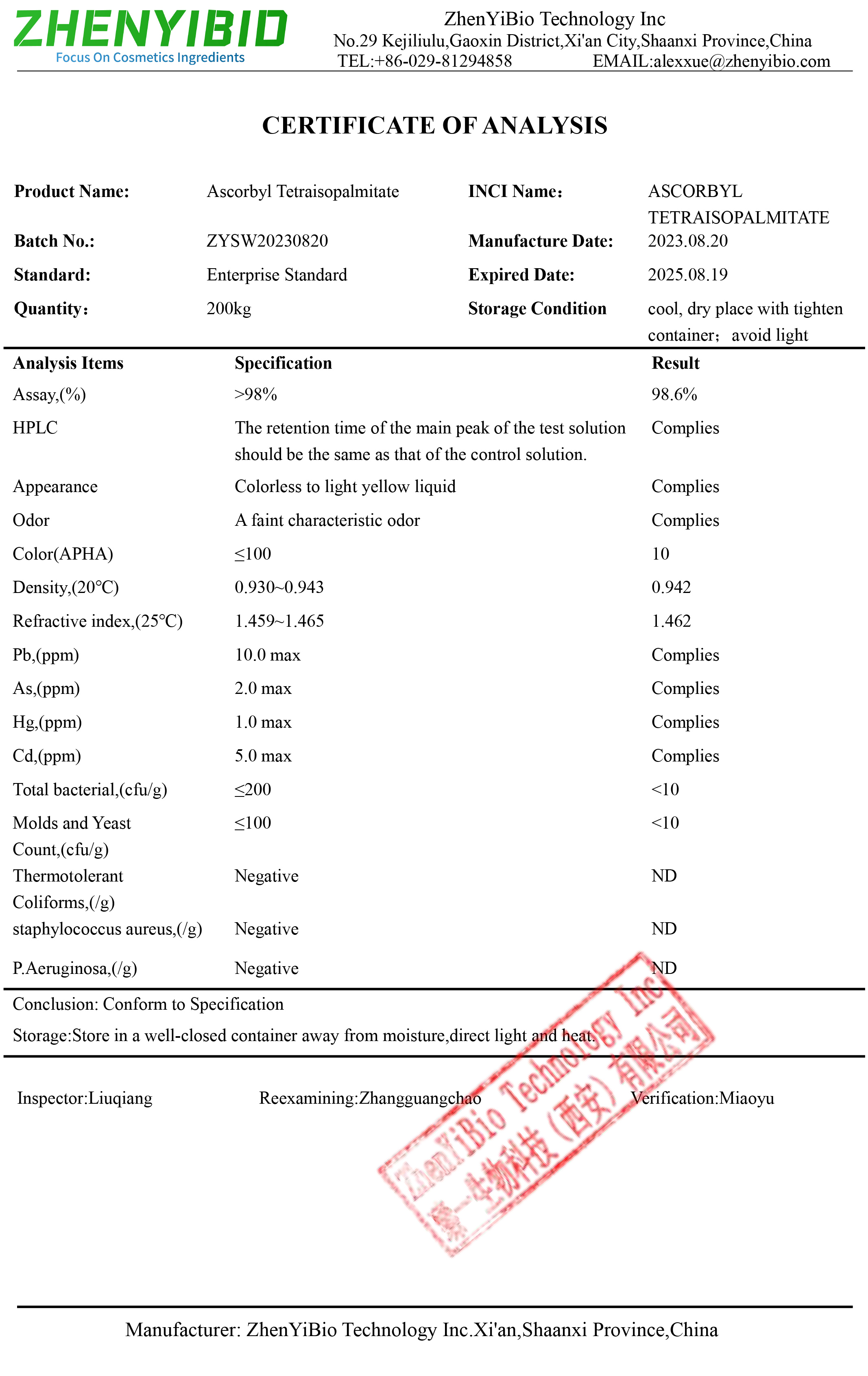 COA of Ascorbyl Tetraisopalmitate