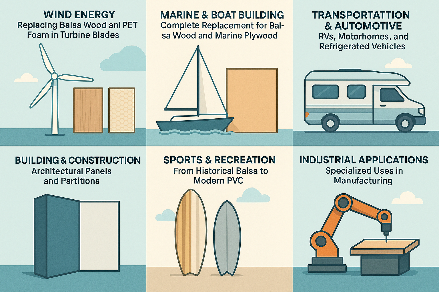 une illustration montrant la polyvalence de noyau en mousse PVC dans diverses applications