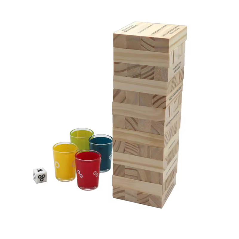 Tumbling Tower Blocks Stacking Party Game 52 Blocks with Fun Tasks and Entertaining Commands with 4 Glass Cups Customization.