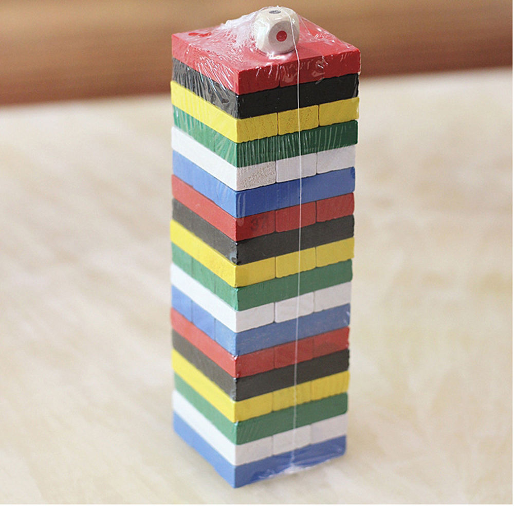  48pcs 54pcs Colorful Wooden Tumbling Tower Game Set Number Print Tumble Tower with Dice and Penalty Cards for Tabletop Fun
