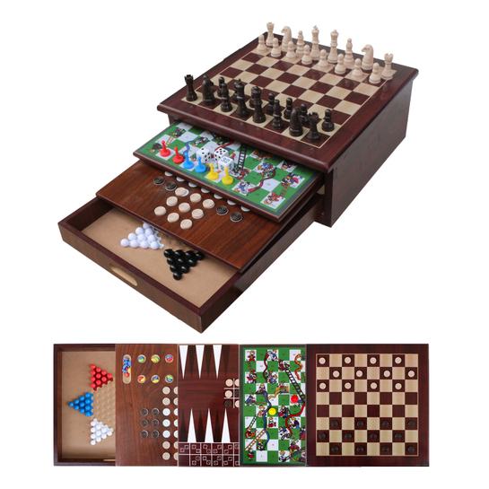  Board Game Set Deluxe 10 in 1 Tabletop Wood accented Game Center Tic Tac Toe Solitaire Snakes and Ladders Mancala Backgammon