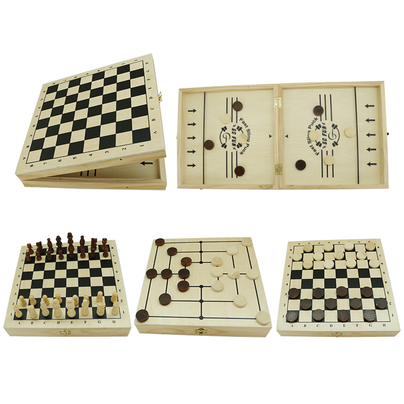 Amazon Hot Sells 4 in 1 Multi Function Game Set Wooden Folding Board Game Custom Fast Sling Puck Game Chess Checkers Nine Men's Morris for Kids Education Toys
