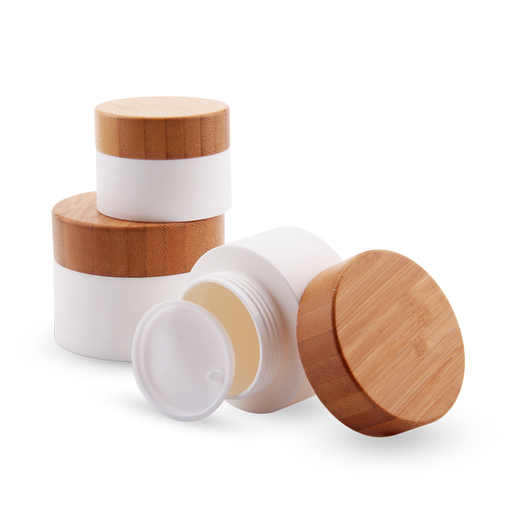 Emballage cosmétique en bambou de luxe brillant, assurance commerciale, pots en plastique écologiques avec couvercles, vente en gros