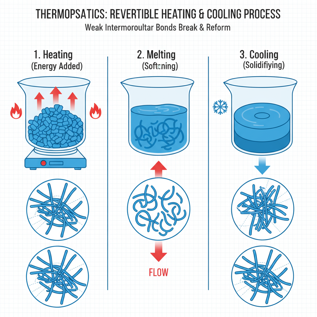 Diagrama esquem&aacute;tico del calentamiento, fusi&oacute;n, enfriamiento y solidificaci&oacute;n de termopl&aacute;sticos.