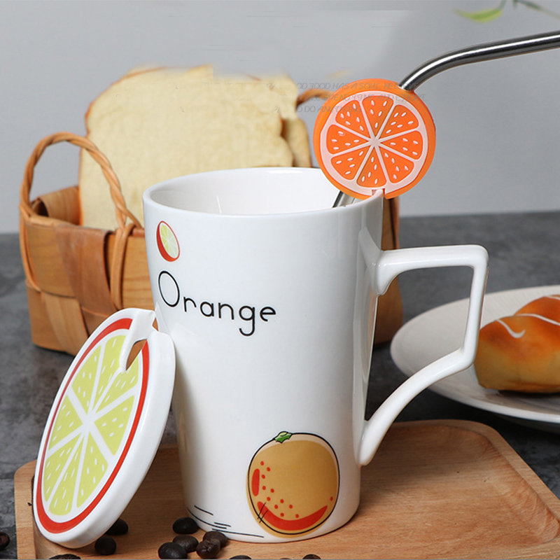 2018 New Products Breakfast Milk Cup Fruit Pattern Ceramic Coffee Mug With Straw