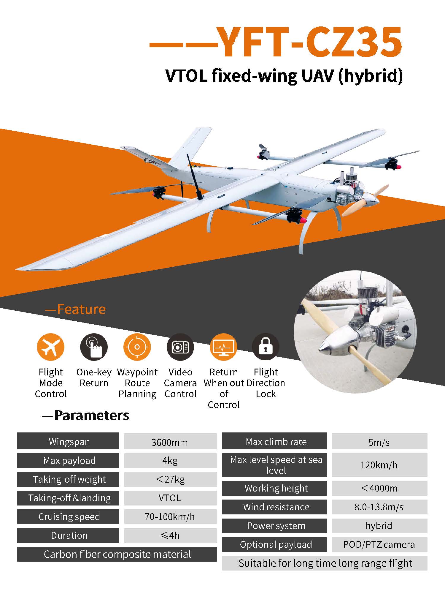 YFTCZ35 VTOL fixed wing UAV/Drone Hybrid engine Buy YFT