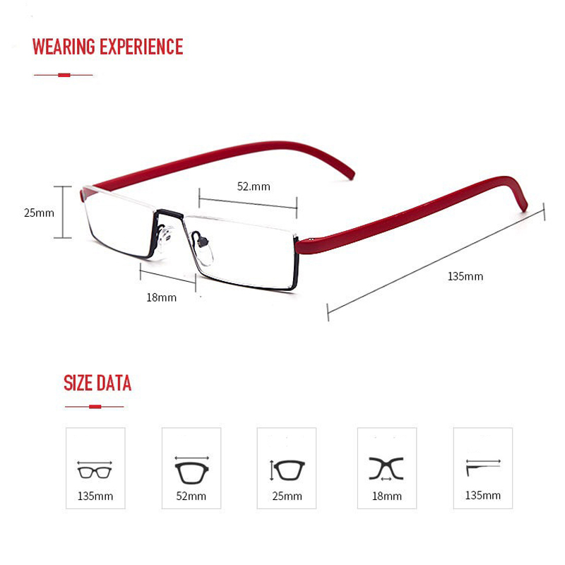 Metal half-frame reading glasses with case