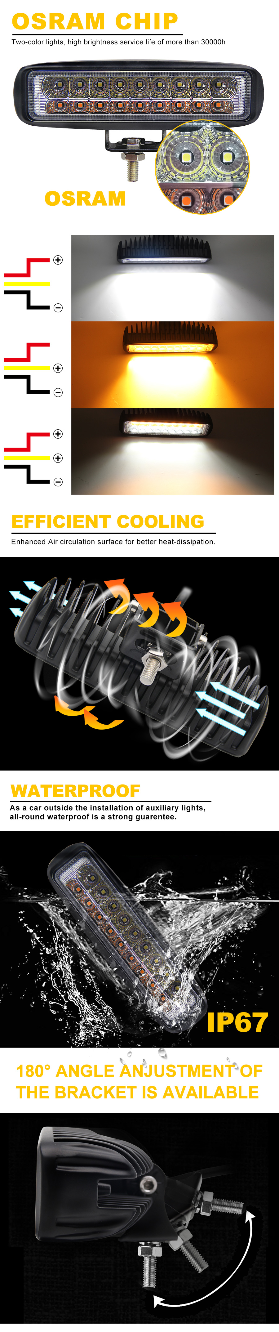 6 inch dual -color square marine,automotive led work lights, automotive auxiliary lights.JG-921S advantage