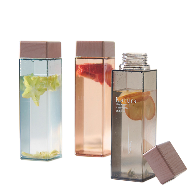 450ml Creative Portable Leakproof Square Plastic Water Bottles with Wood Grain Lid