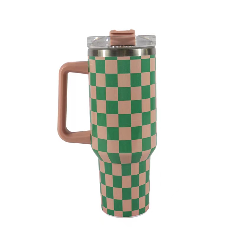 Custom LOGO Pattern Checkerboard 5D Design Stainless Steel Double Wall Vacuum 40oz Tumbler with Handle