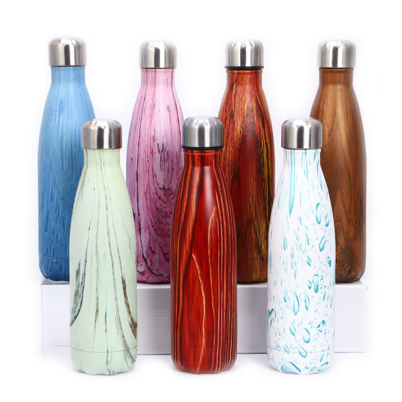 500ml New Design Custom Wooden Grain Printing Insulated Stainless Steel Water Bottle