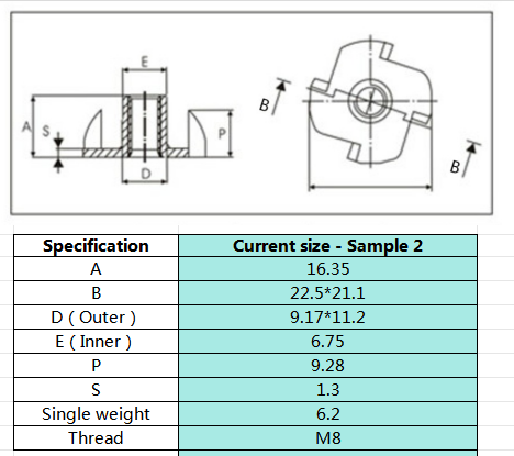 M8 Tee Nut Pandangan Sisi