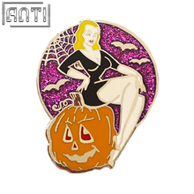 Custom A Beautiful Witch With Yellow Hair Lapel Pin High Quality Purple Glitter Silver Metal Cartoon Hallowmas Badge For Gift