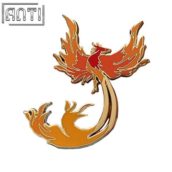 Custom Cartoon Beautiful Orange Flame Bird Phoenix Design Lapel Pin Wholesale Manufacturer Hard Enamel Gold Metal Badge