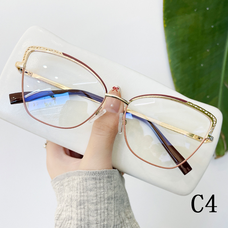 2024 Metal frame anti-blue light optical frame two-color hollow-out cat-eye glasses for women