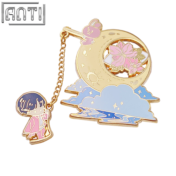 Custom Cartoon Dream Moon Lapel Pin Pink Bunny Fishing Chain South Korea's Handsome Stars Hard Enamel Gold Metal Badge For Gift