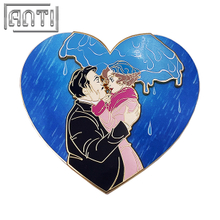 Custom Cartoon For Couples Lapel Pin Large Blue Heart Shape Hard Enamel White Print Gold Metal Badge For Clothes Bag Gift