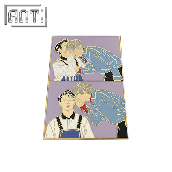Custom Two Handsome Men Lapel Pin Whispering To Each Other Celebrity Rectangle Purple Background Hard Enamel Gold Metal Badge