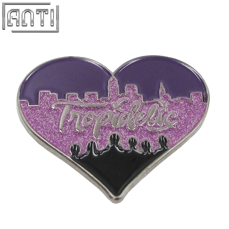 Wholesale Manufacturer purple and black beautiful heart-shaped letter glitter soft enamel black nickel Lapel Pin