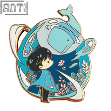 Custom Cartoon Cute Boy And Whale Lapel Pin Blue Deep Sea Dream Water Drop Shape Design Hard Enamel Gold Metal Badge For Gift