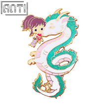 Custom Beautiful Dream Dragon Lapel Pin Japanese Anime Character Blue Glitter Gold Metal Hard Enamel Badge For Friend Gift