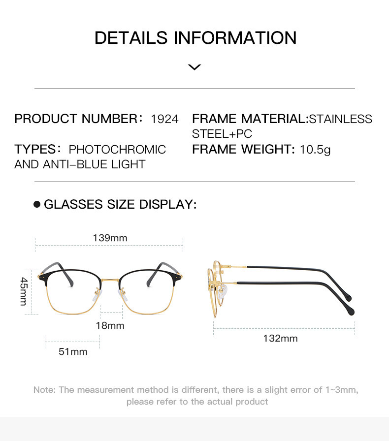 Metal Men Classic Eyebrow Photochromic Photogrey Optical Frame Anti Blue Light Eyewear Photogrey Anti Reflection Glasses