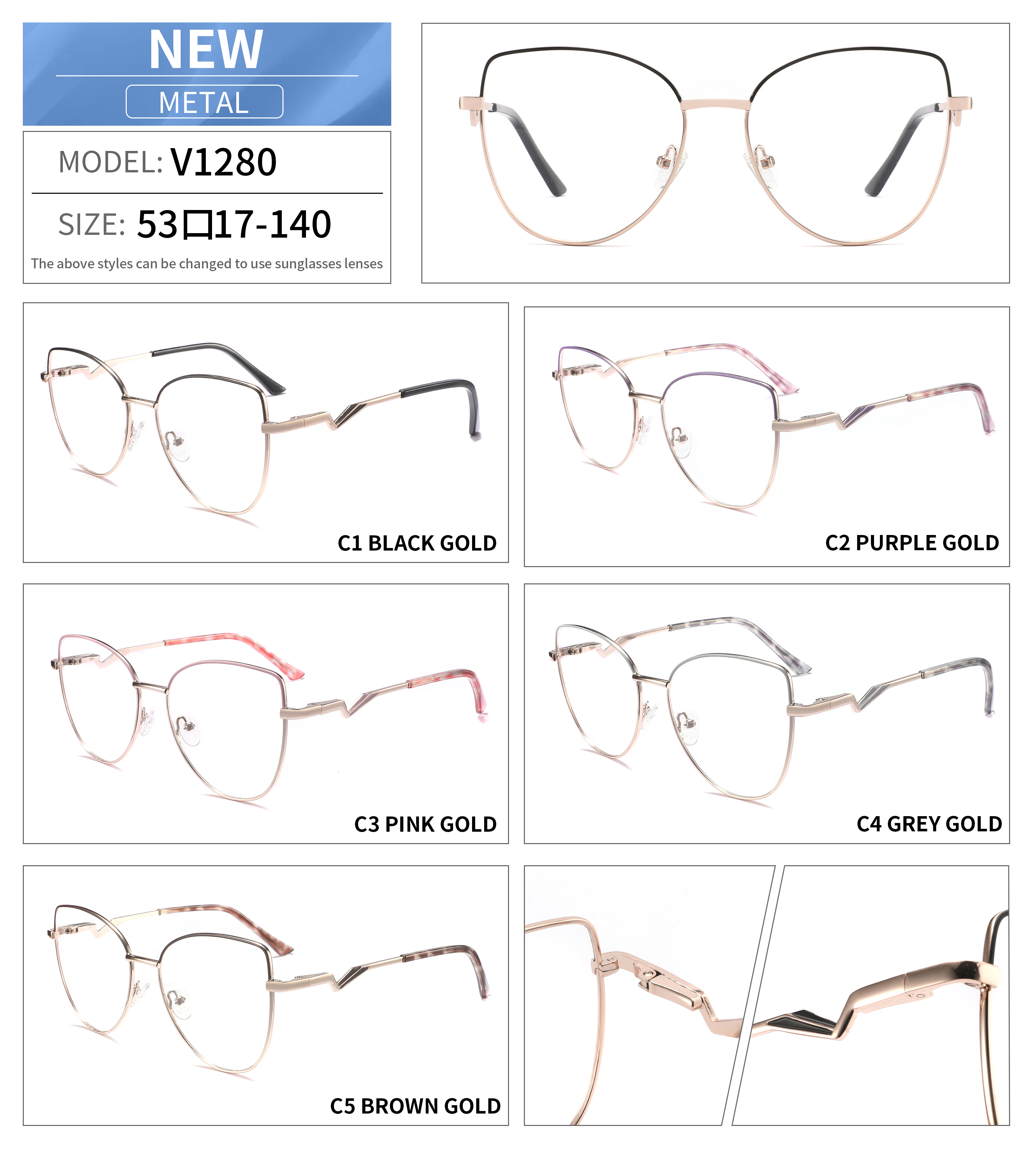 Unisex Spectacles Frames Cat Eye Glasses Metal Optical Frame for Men Women 2024