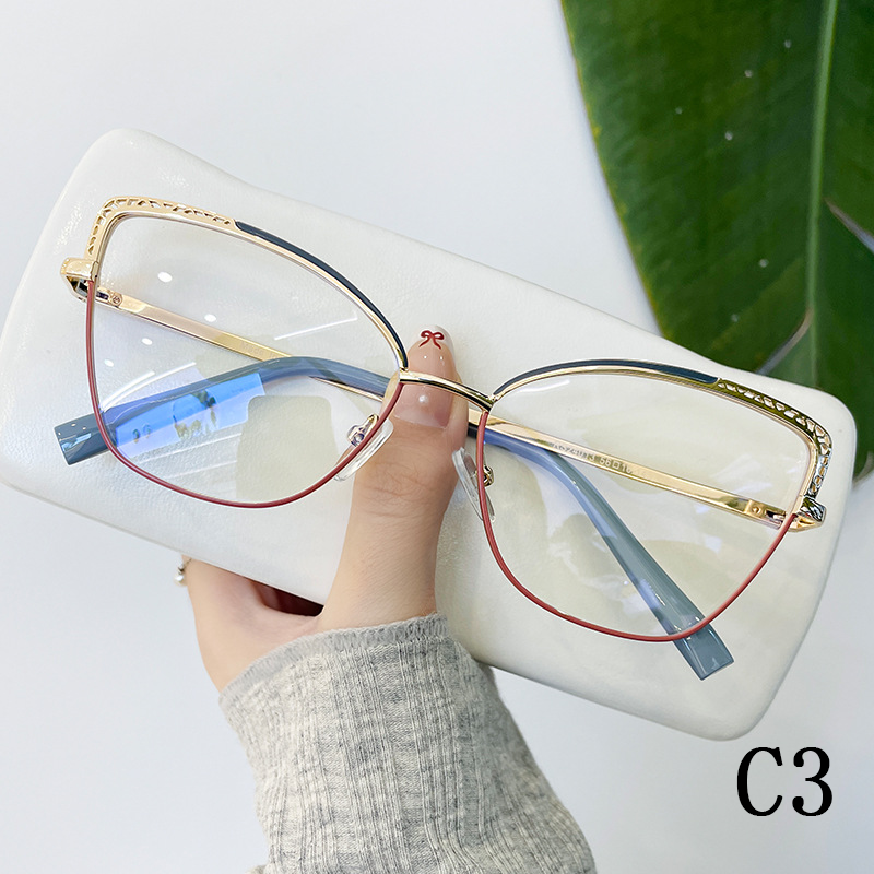 2024 Metal frame anti-blue light optical frame two-color hollow-out cat-eye glasses for women