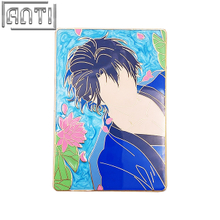 Custom Handsome Man Lapel Pin Beautiful Chinese Style Blue Background Water Lily Lotus Leaves Pearl Color Hard Enamel Badge