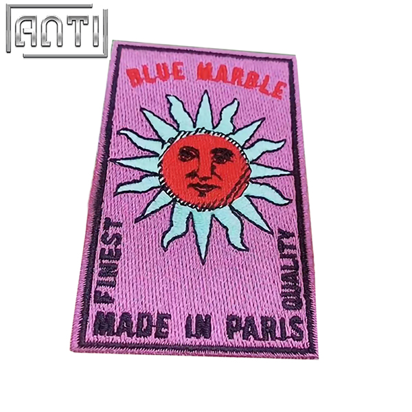 Custom Purple Rectangle Red Sun Embroidery Alphabet Art Excellent Corporate Logo Embroidery Boutique For Clothes Bag Gift