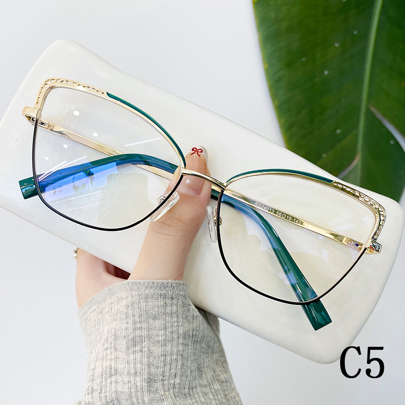 2024 Metal frame anti-blue light optical frame two-color hollow-out cat-eye glasses for women