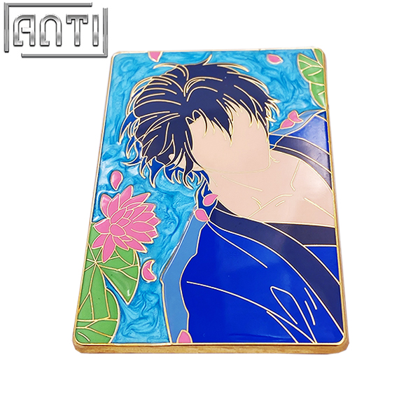 Custom Handsome Man Lapel Pin Beautiful Chinese Style Blue Background Water Lily Lotus Leaves Pearl Color Hard Enamel Badge