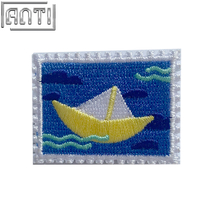 Custom Sailboat With Blue Ocean Embroidery Fashion Patches Background Rectangular Cartoon Embroidery Applique Designs Boutique