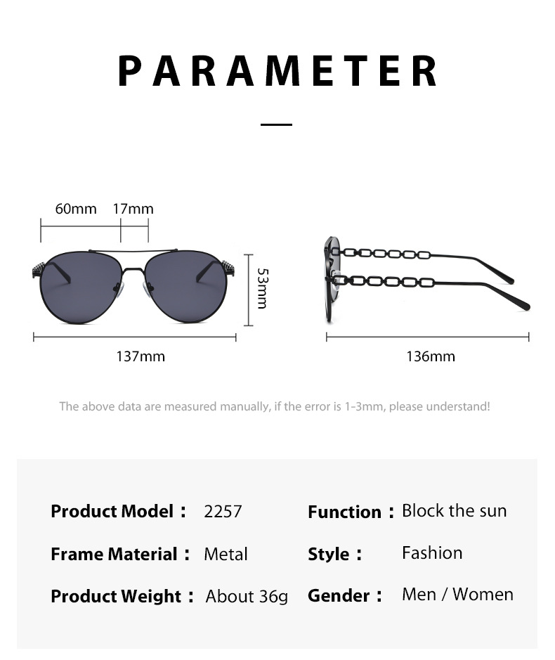 Unisex Metal Sunglasses UV400 Women's Classic Oversized Aviation Style Custom Logo Chain Arms temples Sunglasses